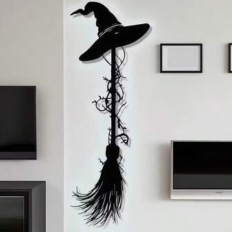 1 pieza Escoba de bruja retro con sombrero, decoración de pared de metal, decoración de hierro negro de Halloween para el hogar y el jardín, regalo ideal para la decoración del salón y la entrada en Halloween