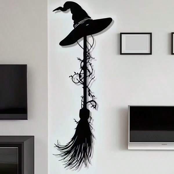 1PC Retro Witch Broom With Hat Metal Wall Decoration, Black Halloween Iron Decoration Craft For Home Garden Display, Ideal Gift For Halloween Living Room Entrance Decoration