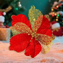 Flores de Nochebuena de lujo, flores artificiales decorativas con tallos para decoración del hogar - Rojo - Ver 4