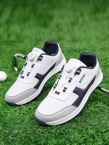 男士高尔夫鞋户外运动时尚皮革旋钮设计低帮运动鞋，透气、吸汗、防臭，休闲跑鞋，厚底，柔软有弹性，防滑，适用于草坪场地，专业运动鞋 - 白色 - 查看 1