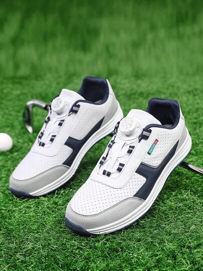 男士高尔夫鞋户外运动时尚皮革旋钮设计低帮运动鞋，透气、吸汗、防臭，休闲跑鞋，厚底，柔软有弹性，防滑，适用于草坪场地，专业运动鞋