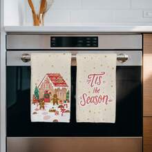 MEMNUN 2 件圣诞快乐姜饼屋和姜饼人红白条纹糖果插图 Tis The Season 文字印花厨房毛巾、洗碗巾、手巾、洗碗布、圣诞装饰、家居装饰、厨房装饰、烹饪烘焙茶巾、清洁用品，适用于餐厅、厨房、圣诞节节日装饰和礼物，所有季节 - 彩色 - 查看 5