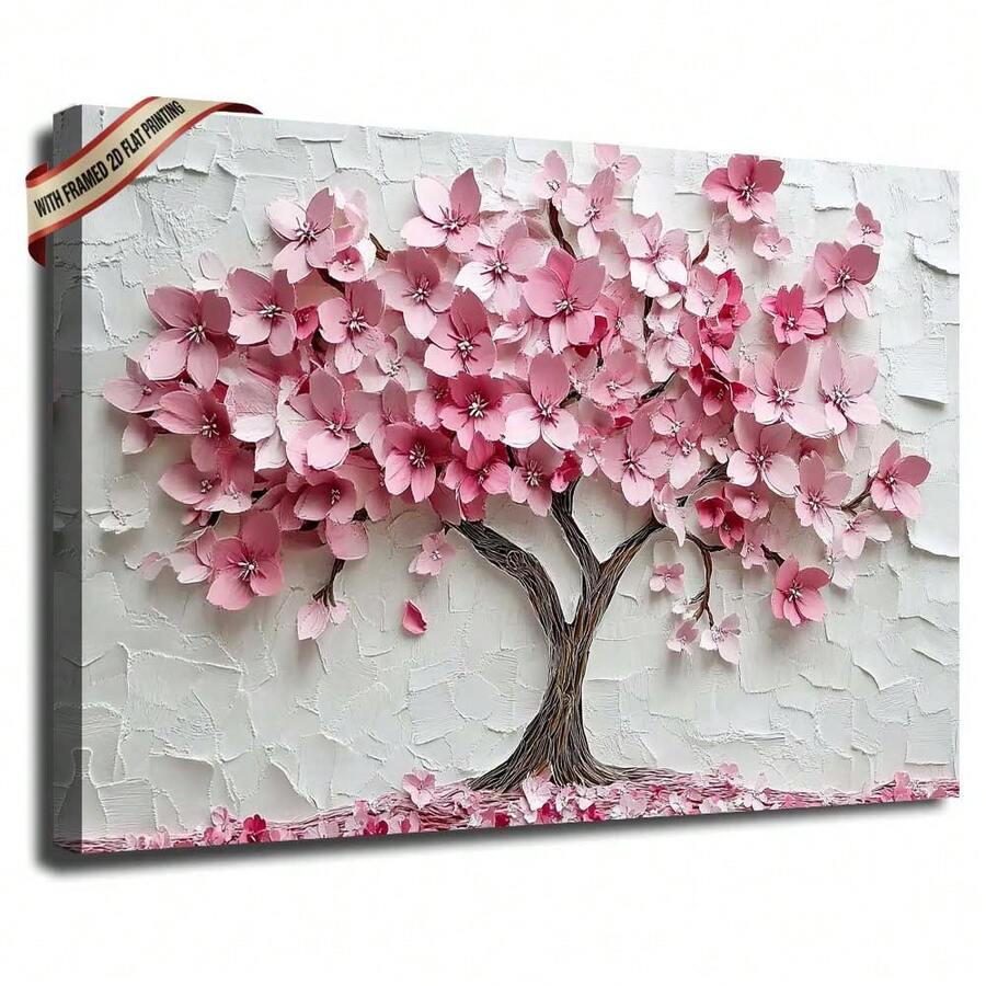 1pc Canvas Print Painting Framed And Stretched Ready To Hang Pink Cherry Blossom Tree For Restaurants Living Room Hallways Bedroom Office.Stretched And Framed Ready To Hang. - 白色 - 查看 1