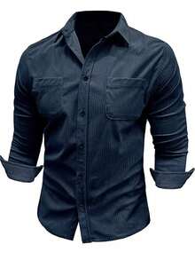Men's Navy Blue Casual Long Sleeve Shirt, Outdoor Leisure Minimalist Fashion Shirt, Jacket Top - Navy Blue - View 2