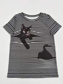 新款时尚动物图案女式短袖 T 恤，休闲猫条纹印花 T 恤，可爱小猫印花圆领 T 恤，适合女士日常穿着 - 黑色 - 查看 1