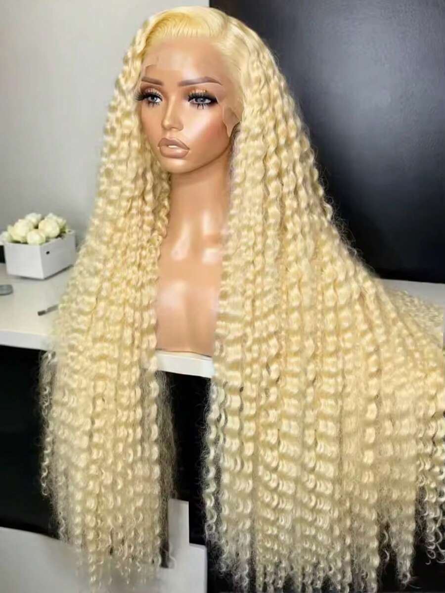Uveous Belaved 34 Inch Wigs Human Hair Blonde Lace Front Deep Wave 613 Blonde 13x4 HD Transparent Curly Real Human Hair 200% Density Lace Frontal Wig With Natural Hairline Halloween Season - S613 - 查看 1