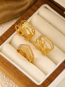 3pcs/Set Stainless Steel Leaf Line Decor Rings, Fashionable & Versatile For Everyday Wear