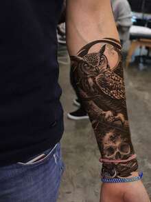 2 piezas de grandes tatuajes temporales de media manga con diseños del Bosque Negro, unisex con búho, calavera y esqueleto de la muerte, adecuados para adultos