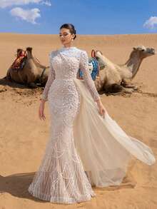 Faeriesty 奢华亮片串珠美人鱼晚礼服，高领长袖设计——精致的鱼鳞状串珠纹理，薄纱侧拖尾，优雅迷人的设计，适合晚宴、婚礼招待会和高端聚会。 - 香檳色 - 查看 7