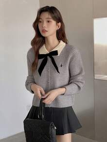 Áo cardigan nữ tay dài thêu họa tiết, phối màu tương phản, cổ áo nơ, kiểu dáng sinh viên thu/đông, phong cách đường phố thường ngày. - Xám - Xem 7