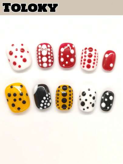 10pcs Handmade Press On Nails Short Nails Oval Nails Tips Red Polka Dots Cute Hand-Painted With 3pcs Nail Art Tools Nail Glue Nail Supplies Fake Nails For Women And Girls To Party Travel Daily School Black Yellow White Color Blocking Acrylic Press On Nais Polka Dot Nails Press On Nails Nail Supplies Nails Press On Nail Charms Press On Nails Short Fake Nails Nail Accessoriesnail Art