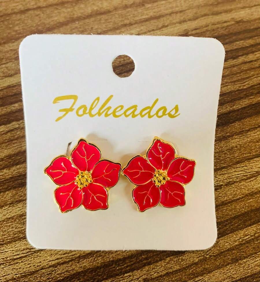 Enameled 5-Petal Flower Earring - 玫紅色 - 查看 1
