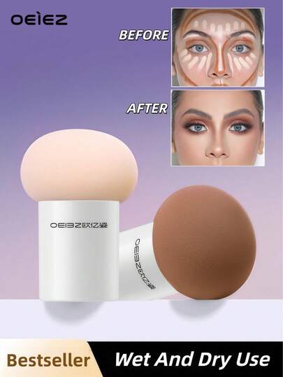 OEIEZ 2pcs Makeup Sponge Puff, Mushroom Shape Makeup Blender Sponge With Handle, Dual-Use Wet & Dry, Suitable For Foundation, Concealer, Powder And Other Makeup Application
