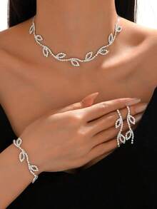 1 Set Elegant Leaf Design Rhinestone Necklace, Earrings, Bracelet 3 PiecesJewelry Set, Suitable For Women's Party And Daily Wear
