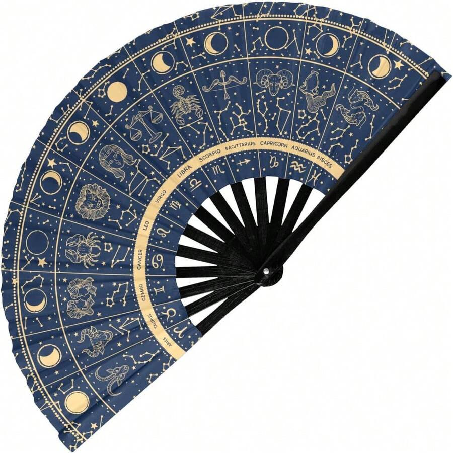 13-Inch Large Folding Fan With 12 Constellations & Bohemian Golden Design - Astrological Signs Designs For Festival Outfits, Cosmic Events - Perfect Accessory For Astrology. Portable Manual Party Fan For Women,  Celestial Accessory For Nightclubs, EDM Festivals, Glam Celebrations, Nightclub Essentials, Elegant Pattern, Premium Finish - 12 - 查看 1