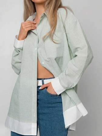 Women's Vertical Striped Front Button Casual Shirt