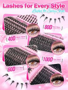 760PCS D Curl Individual Lash Clusters Bottom+40D+60D+80D+100D 4 Styles 9-16mm Lash Clusters Natural Look&Waterproof&Super Light Reusable Individual Segmented False Eyelashes Eyelash Extension Kit With Make Up Lash Tweezer&Lash Brushes For Self Use At Home For Daily Life&Wedding&Dating&Party&Travel - 黑色 - 查看 3