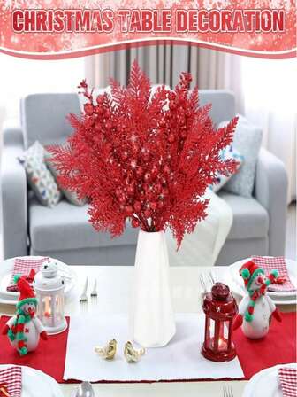 10 Pcs Christmas Decorations Set With Glitter Pine Branches & Berry Stems - For Xmas Tree Decor, Gift Wrapping, Party Home Decor, Ornament Crafting, Wreath Making, Holiday Festive Decorations (Gold/Silver/Champagne/Red) - Perfect Christmas Party Home Decor & Gift Supplies