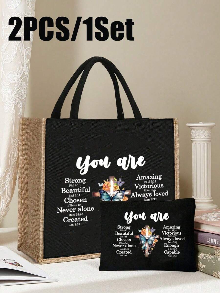 Túi tote vải lanh, khóa kéo, họa tiết chữ thập và bướm, túi xách nữ, quà tặng sinh nhật, tiệc tùng, ngày lễ, bộ túi tote và túi đựng mỹ phẩm chủ đề Cơ đốc giáo, túi mua sắm thiết kế chữ cái phong cách ngày lễ, thích hợp cho đám cưới và sinh nhật, món quà tốt nhất cho gia đình và bạn bè. Dành cho cả nam và nữ, phù hợp cho các cặp đôi, thích hợp sử dụng hàng ngày. - Nhiều màu - Xem 1