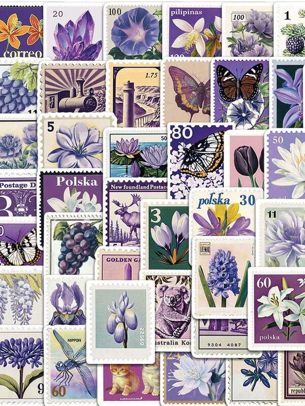 Set de 50 pegatinas retro de plantas y flores de estética morada, decorativas de dibujos animados para laptop, botella de agua, guitarra, teléfono, papelería, equipaje, cuaderno