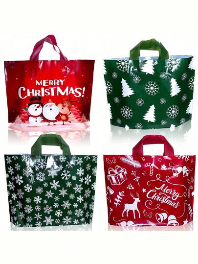 Bolsas reutilizables para regalos de Navidad y Año Nuevo, con patrones de Papá Noel, renos, muñeco de nieve y "Feliz Navidad", bolsas de mano, empaque de plástico, para compras, recuerdos festivos de Nochebuena, bolsas de regalo de Navidad de plástico rojo