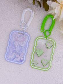 1pc Cute ID Card Holder With Spring Key Chain Creative Portable Badge Holder For School Student Office Worker Purple Butterfly Green Love Guka Keychain Bus Card Student Card Set License Holder Card Women