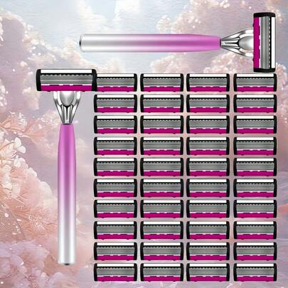 6-Layer Ladies' And Men'S Razor With Progressive Blade & Metal Handle - Soft Shaving Replacement Cartridges, Ergonomic Grip For Gentle Beard & Mustache Hair Removal, Smooth Home Use, Beard Maintenance, Sleek Grooming Tool, Durable Blades