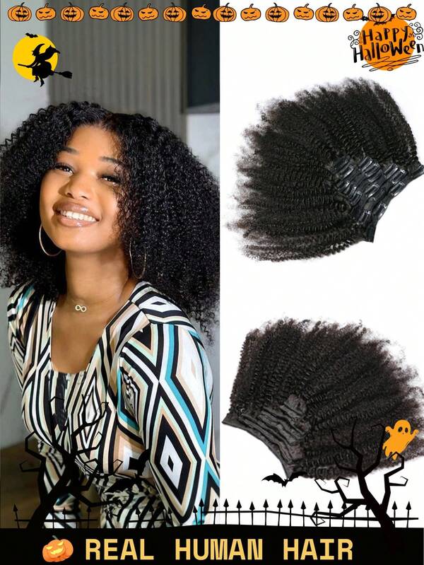 Afro Kinky Curly Clip In Hair Extension 9A Brazilian Human Hair 4B 4C Afro Curly Clip In Hair Extension For Women Afro Coily Hair Clip On Hair Extension For Women Daily Use,Halloween Costumes,Real Human Hair Clip In Hair Extension