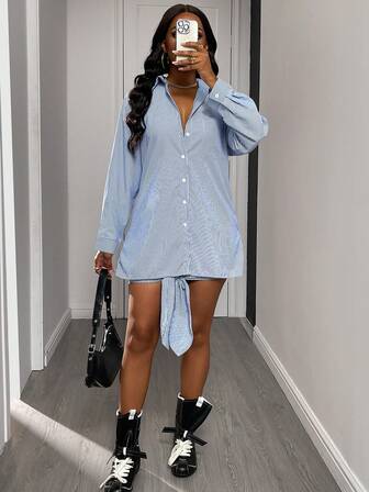 Women's Casual Sexy Daily Turndown Collar Contrast Color Vertical Striped Long Sleeve Tie-Waist Short Dress, Autumn/Winter