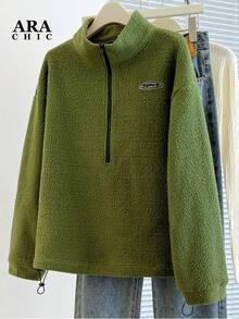 ARA CHIC Women's Lime Green Half-Zip Fleece Stand-Collar Sweatshirt - High-Street Style, Loose Fit, Warm & Comfortable Top For Outdoor & Office Wear, New Style For Autumn & Winter