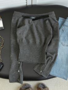 1pc Women's Off-Shoulder Sweater, Sexy Hollow-Out Design, Suitable For Outings, Home, Dates, Parties In Autumn/Winter. Comes With Matching Belt. Spring - Grey - View 8