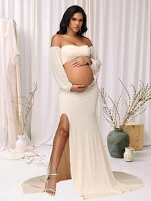 Irresista Maternity 2 Pcs Set Lantern Sleeves Tube Top Slit Long Train Skirt For Photoshoot Baby Shower - Apricot - View 5