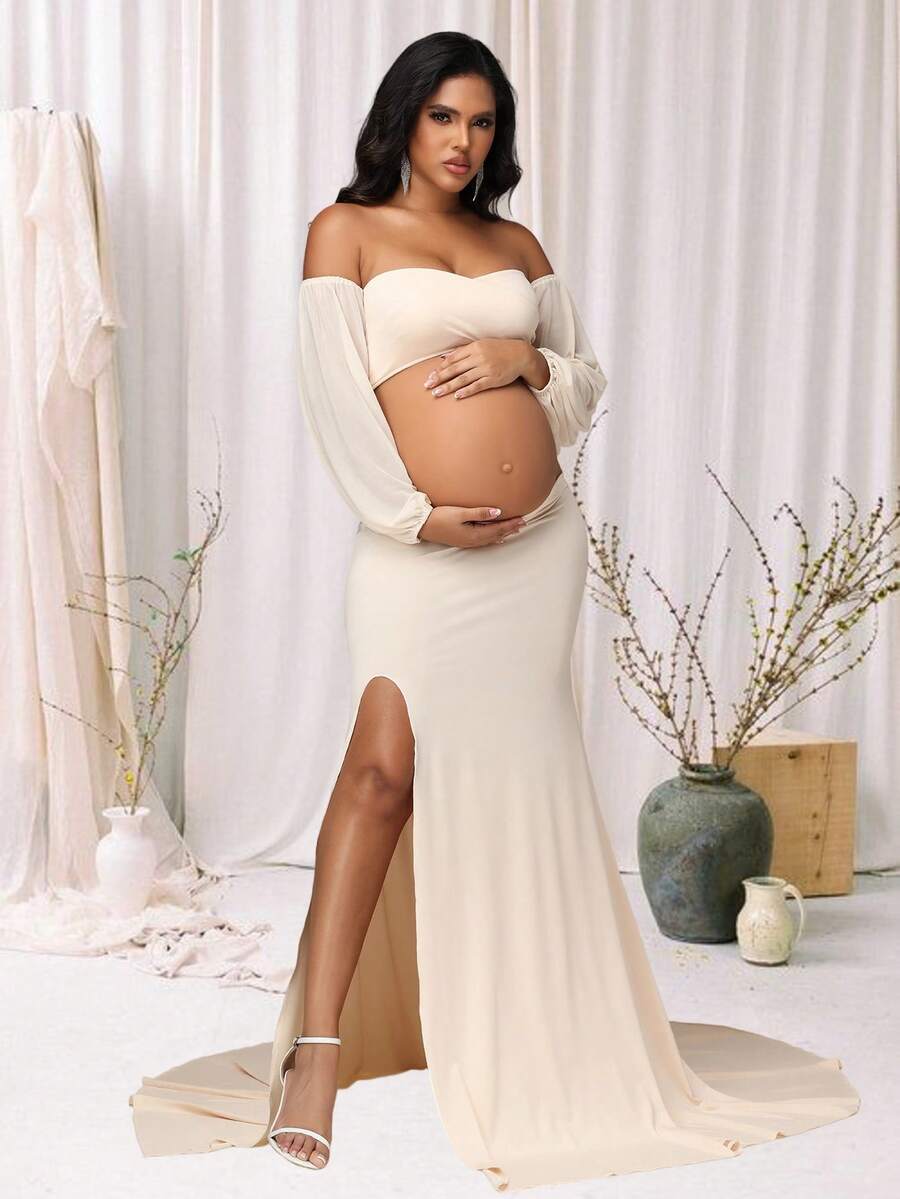 JustVH 2pcs Maternity Lantern Sleeve Tube Top & High Slit Maxi Dress, Suitable For Photo Shoot And Baby Shower Spring - Apricot - View 1