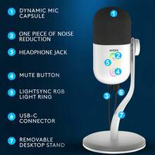 Aveek Gaming Microphone, USB Computer Mic For PC, Condenser Podcast Microphone For Studio Recording,, Live Streaming With Headphone Jack, LED Light, Mute, And Noise Reduction - 白色 - 查看 6