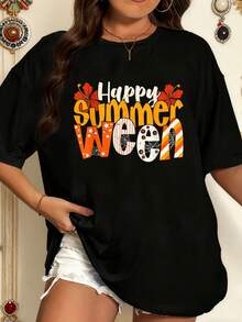 Happy Summerween Floral Cute Halloween In Summer T-Shirt Copy.Jpg Graphic Tees Women Crop Tops Summer Outfits For Women Summer Tops T-Shirt - Black - View 1