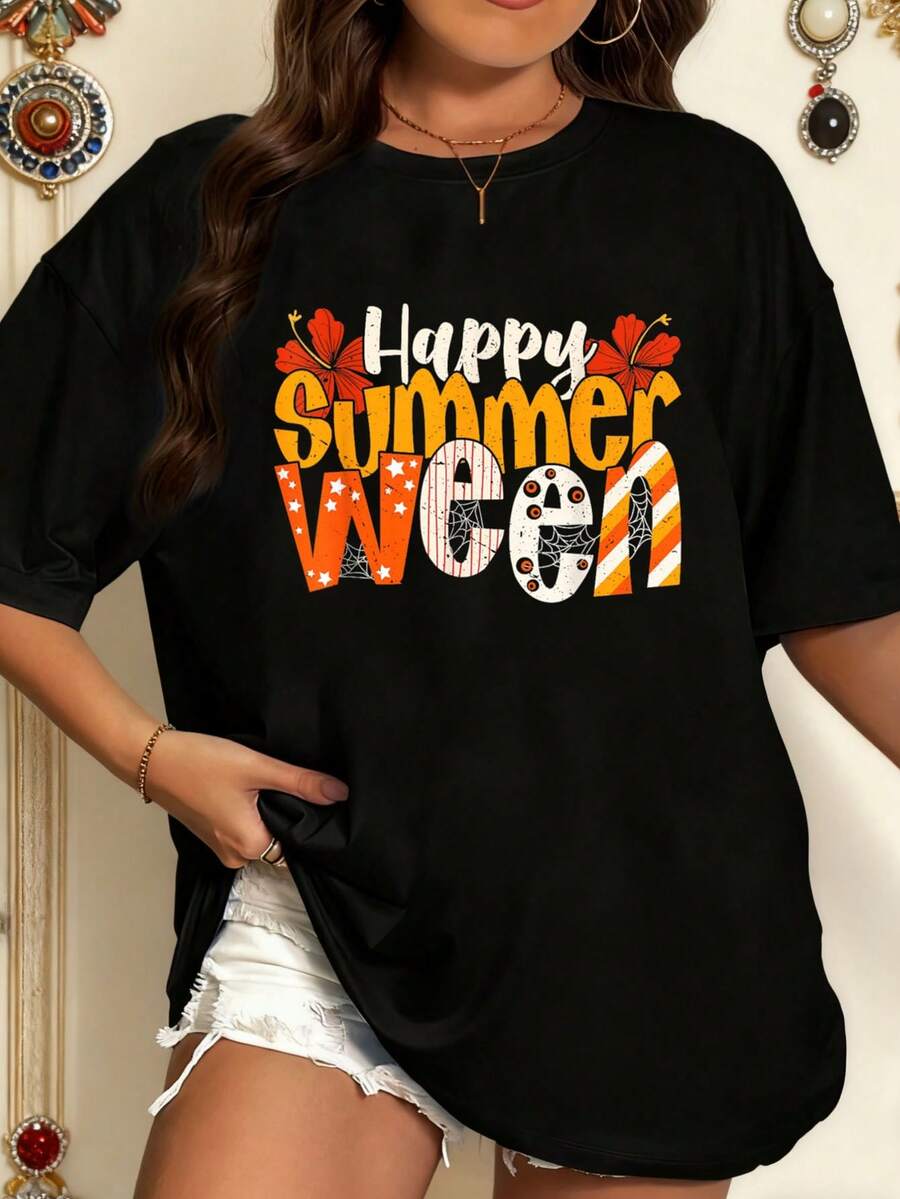 Happy Summerween Floral Cute Halloween In Summer T-Shirt Copy.Jpg Graphic Tees Women Crop Tops Summer Outfits For Women Summer Tops T-Shirt - Black - View 1
