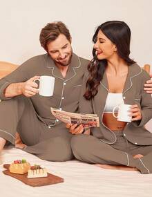 Couple Matching Pajamas 100% Cotton Long Sleeve Sleepwear Button Down Loungewear Pjs Set S-XXLhalloween - 棕色 - 查看 4