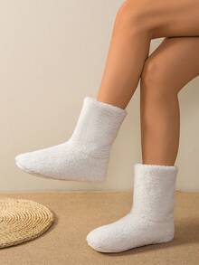 Botas de Cano Médio Forradas Termicamente em Tecido Boêmio de Cor Sólida para Uso Doméstico, Outono/Inverno