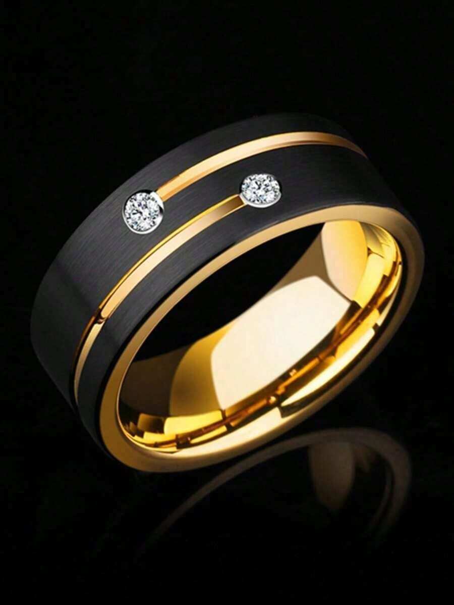 1pc Luxurious Men's 8mm Black Stainless Steel Ring Filled With Man-Made Crystal Wedding/Engagement/Party Jewelry Gift - 11 - 查看 1