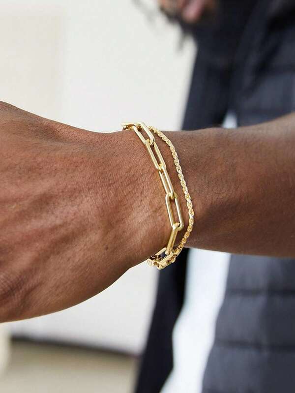 Set de 2 pulseras asimétricas de estilo hip-hop, pulsera de eslabones cubanos de metal vintage, versátil para hombres y mujeres, adecuada para uso diario