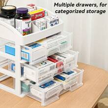 1个抽屉和6格塑料药品收纳盒 - 透明耐用塑料桌面收纳柜，防尘节省空间设计，适用于化妆品、文具、家居用品 - 多功能收纳方案，无需组装，现代风格