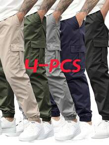 4-Piece Men's Durable Work Pants With Multiple Pockets For Outdoor Sports; Cargo Pants That Are Machine Washable And Make Great Holiday Gifts. - Color Mixing - View 11