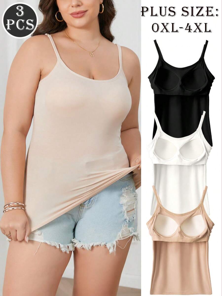 3Pcs Comfortable And Versatile Large Size Camisole, Suitable For Home Or Outdoor Wear, Camisole Bra, One-Piece Bra-Free - Black and White Apricot - View 1