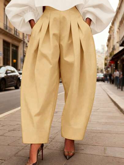 Fall/Winter Plus Size Solid Color Pleated Wide-Leg Casual Trousers – Relaxed Fit Fashion