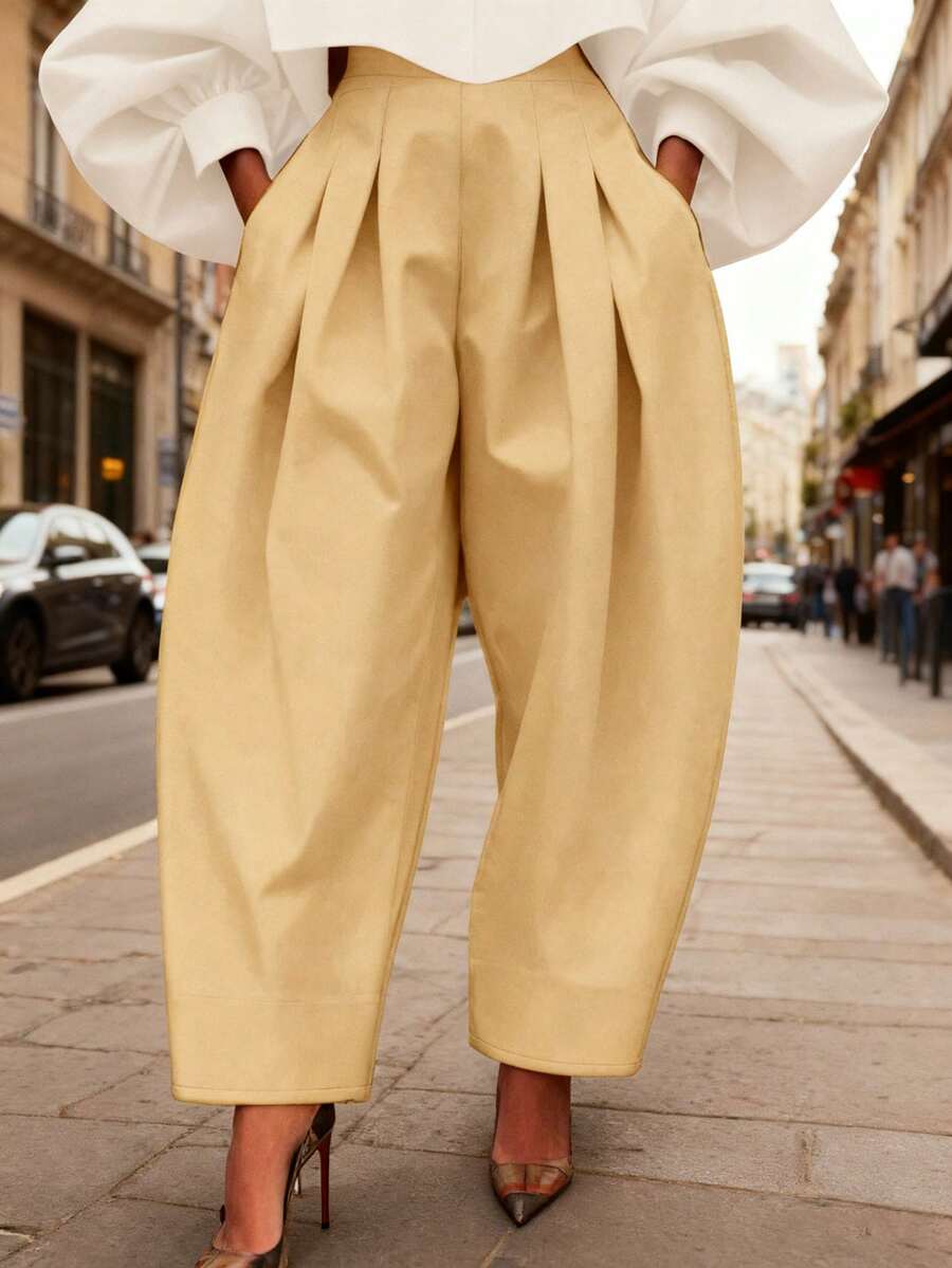 HUTENER Plus Size Solid Color Pleated Wide Leg Casual Pants - Loose Fit Fashion - Brown - View 1