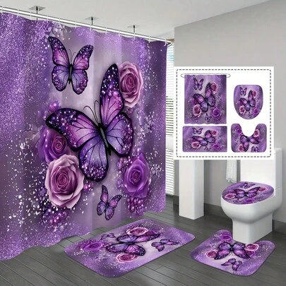 1/4 Piezas Conjunto de Cortina de Ducha con Estampado de Mariposa Morada y Rosa, Cortina de Ducha con 12 Ganchos, Alfombra de Baño Antideslizante, Alfombra en Forma de U para Inodoro, Decoración de Baño Accesorios, Múltiples Tamaños Disponibles Decoración Navideña