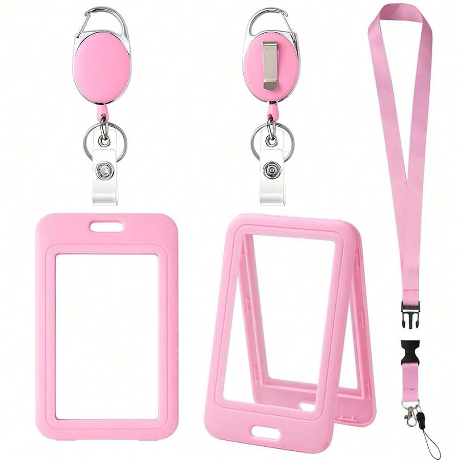 Pink ID Badge Holders And Retractable Reel Clips,Lanyard With Release Buckle, Key Card Holder Nametag Protector For Nurse Women Girl Kid Office Teacher Doctor Student (Vertical Clean) - 粉紅色-4 - 查看 1