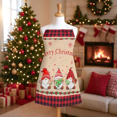 1件圣诞小矮人风格亚麻围裙，适合圣诞节假期烹饪、园艺、浴室清洁、烧烤和DIY项目，家居用品，节日厨房用品，2025年圣诞装饰，涤纶围裙，适合新年、圣诞节、冬季假期、家庭和餐厅使用，圣诞派对用品，圣诞装饰，圣诞礼物，家庭圣诞派对礼物，装饰品，圣诞用餐，圣诞装饰，派对礼品