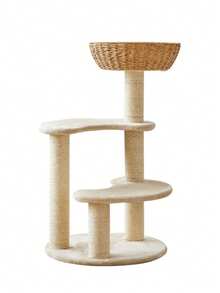 Multi-Tier Cat Tree With Rattan Wicker Cat Bed, Cozy Elevated Perch, Stable Cat Tower For Jumping, Climbing And Scratching - Beige - View 8