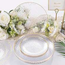 50/25/10/2 طبق شفاف مطرق بحافة ذهبية، أطباق سلطة، أطباق كيك/حلوى، أطباق فاكهة، صواني تقديم الطعام، مثالية للأعياد والحفلات وأعياد الميلاد والأعراس وعيد الشكر والكريسماس والعام الجديد